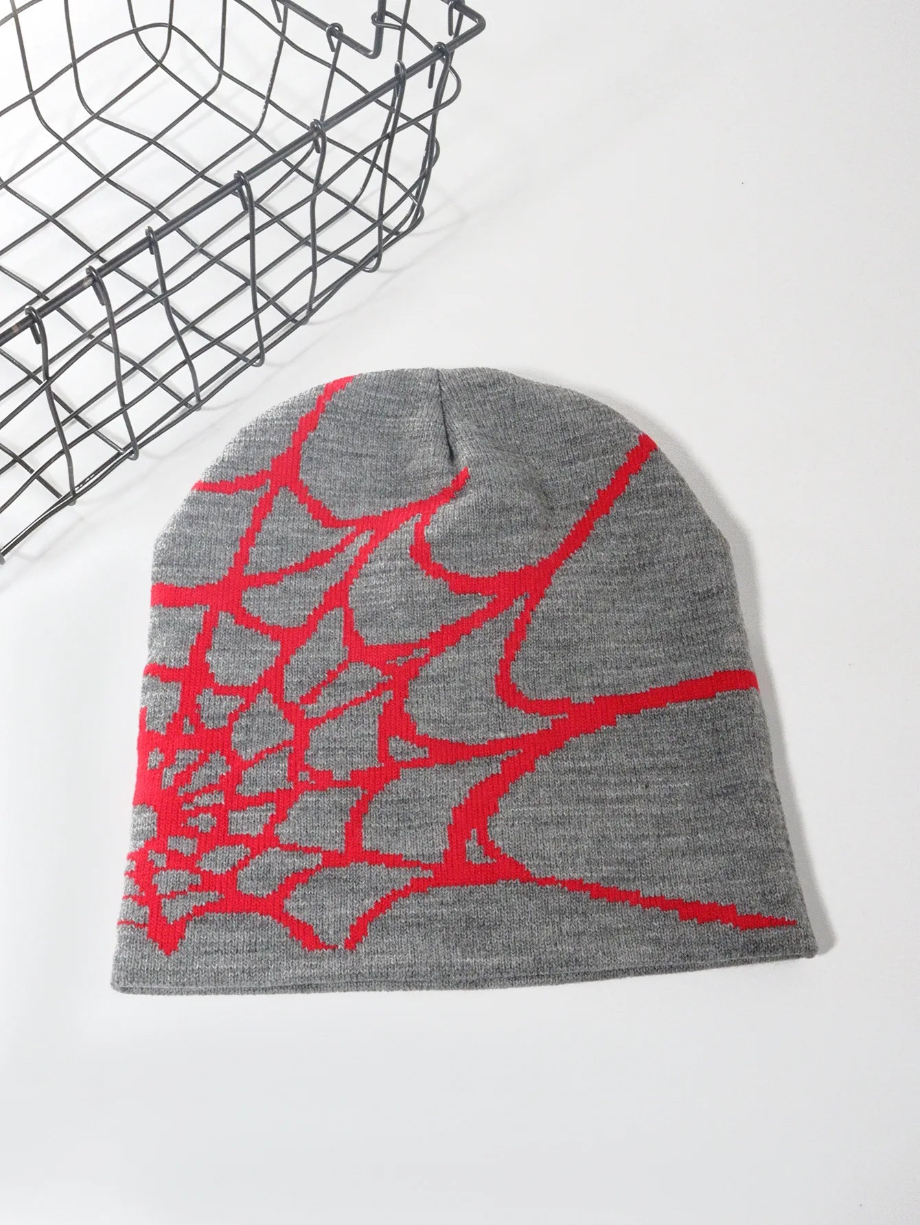 Spider Web Beanie grey and red
